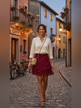 Free People || Red Floral From The Valley Tiered Chiffon Mini Skirt Boho Sz XS